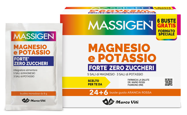 Massigen Magnesio e Potassio Forte Zero Zuccheri 24+6 Bustine